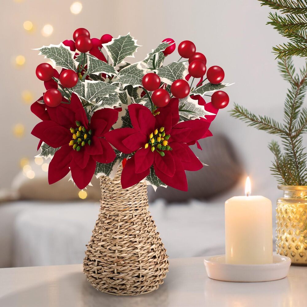 4793 1 Set Poinsettia Flowers Artificial 12.2" Christmas Potted Plant Holly
